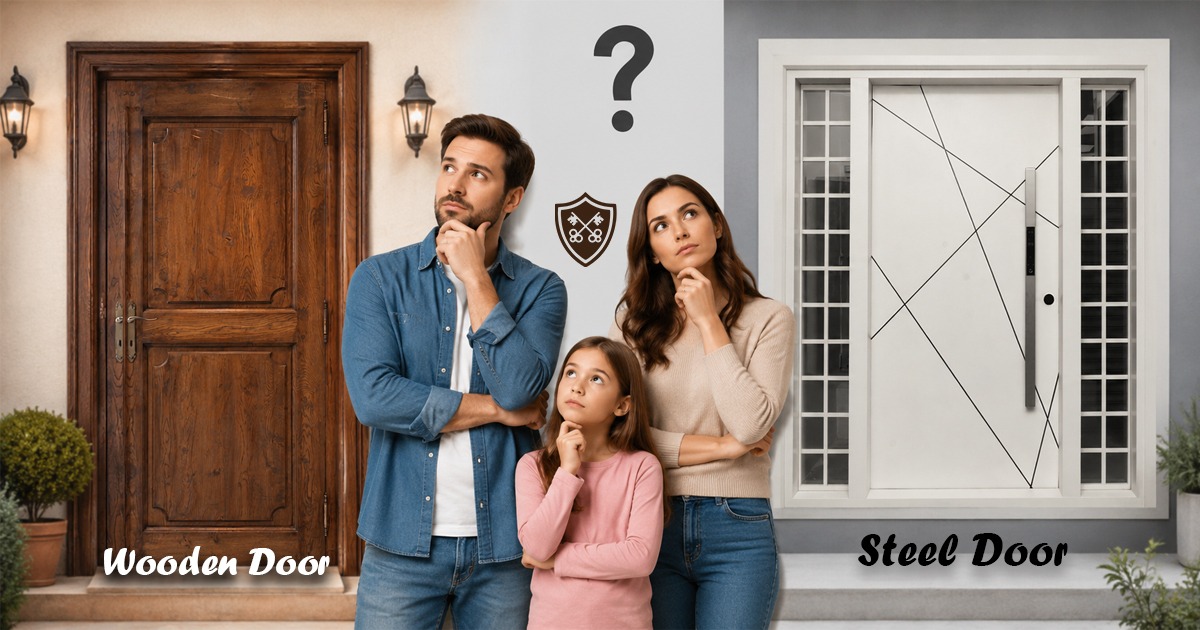 Modern Duroguard steel main door compared with a traditional wooden main door for home security, durability, and long-term performance.