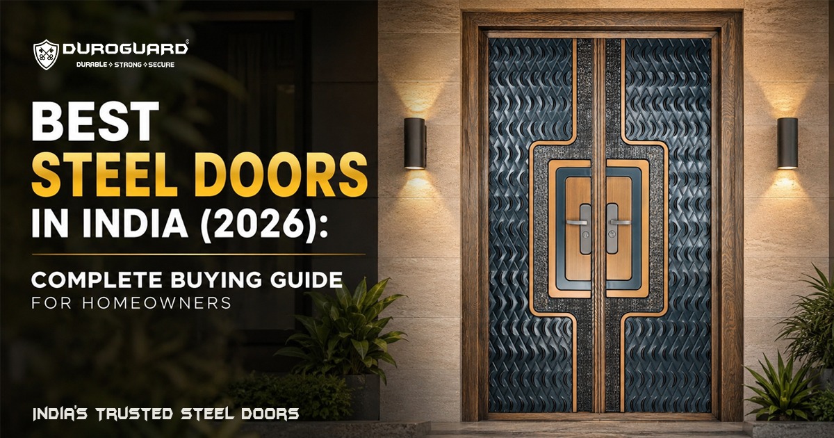 Best Steel Doors in India (2026) complete buying guide featuring a premium Duroguard galvanized steel main door with modern design for secure and durable homes.
