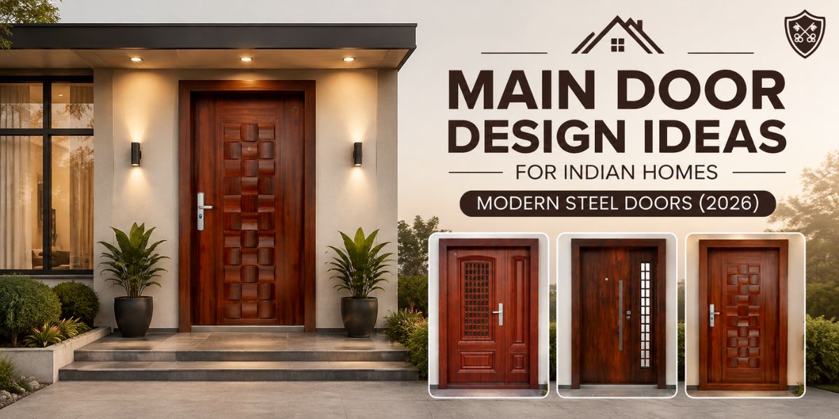 Modern steel main door designs for Indian homes, featuring stylish wood-finish entrance doors.
