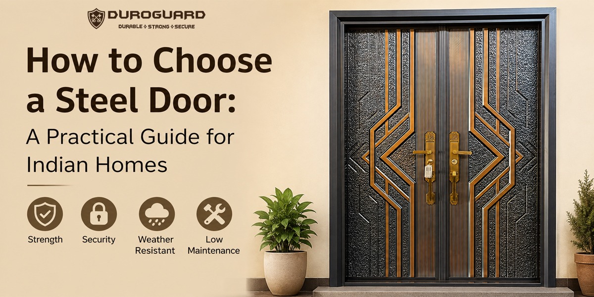 Customer checking steel door models on display at a door showroom